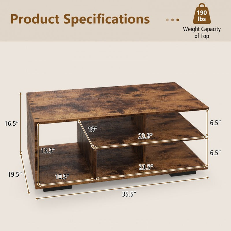Rectangular Coffee Table Featuring L-Shaped Center Shelf