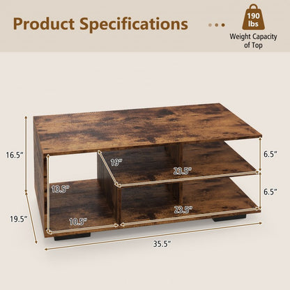 Rectangular Coffee Table Featuring L-Shaped Center Shelf