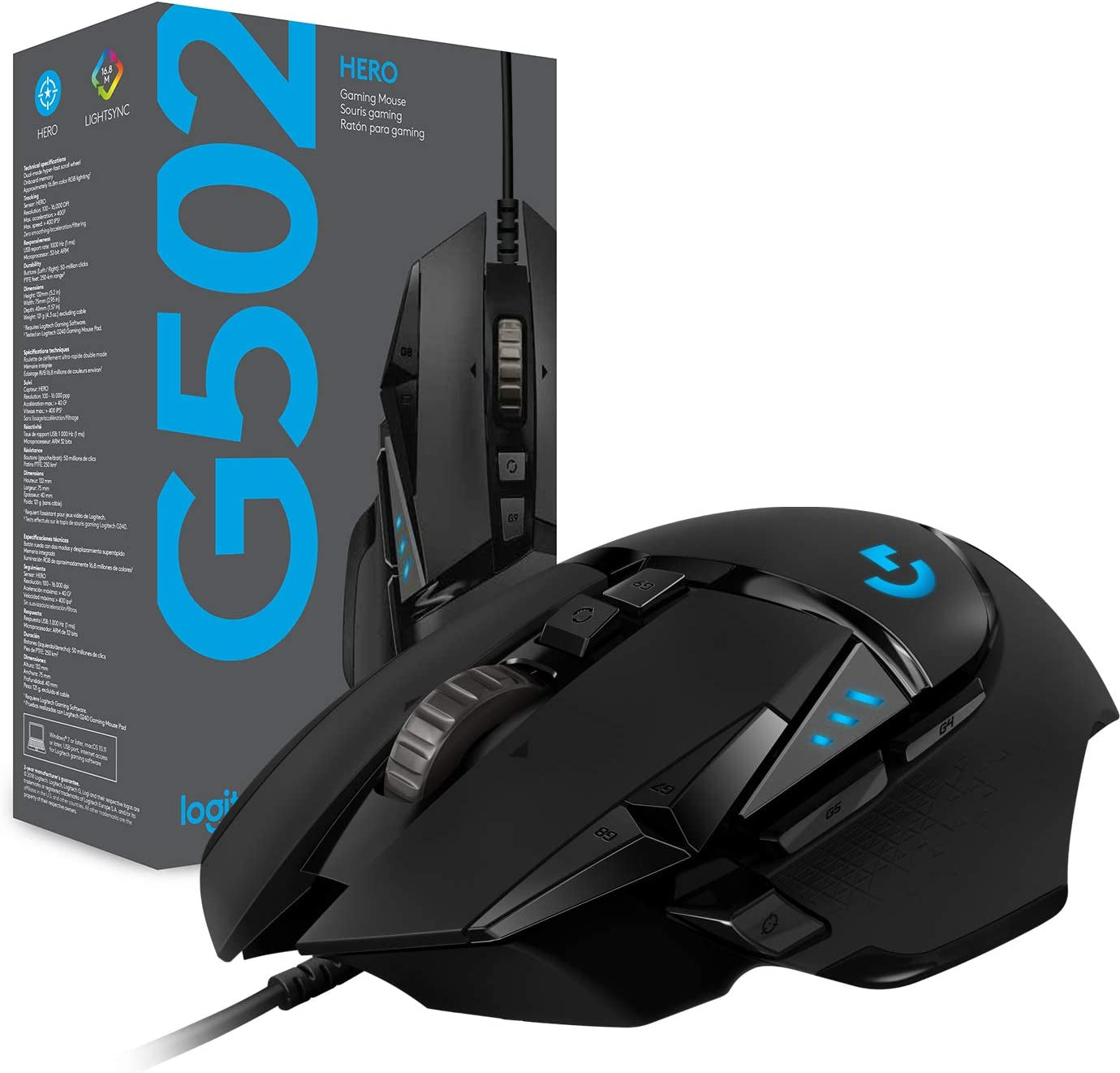 502 Hero High Performance Wired Gaming Mouse, Hero 25K Sensor, 25,600 DPI, RGB, Adjustable Weights, 11 Buttons, On-Board Memory, Pc/Mac