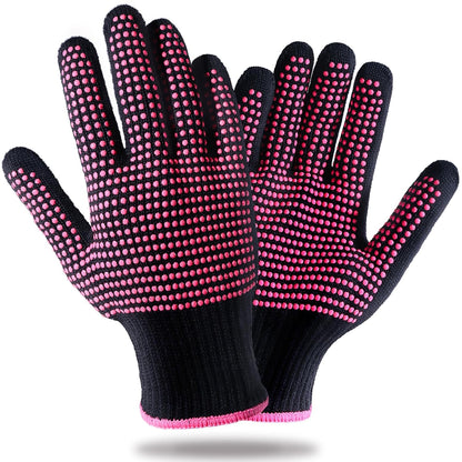2 Pcs Heat Resistant Gloves with Silicone Bumps, Professional Heat Proof Glove Mitts for Hair Styling Curling Iron Wand Flat Iron Hot-Air Brushes Sublimation Gloves Rose Red