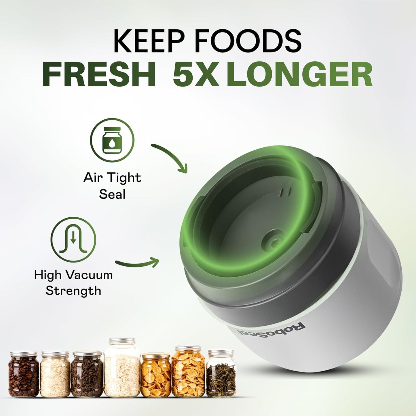 Roboseal Rechargeable Mason Jar Vacuum Sealer for Mason Jars Wide and Regular, One Touch Vacuum Sealer for Jars, 10 Lids Included, Digital Battery Indicator, as Seen on TV