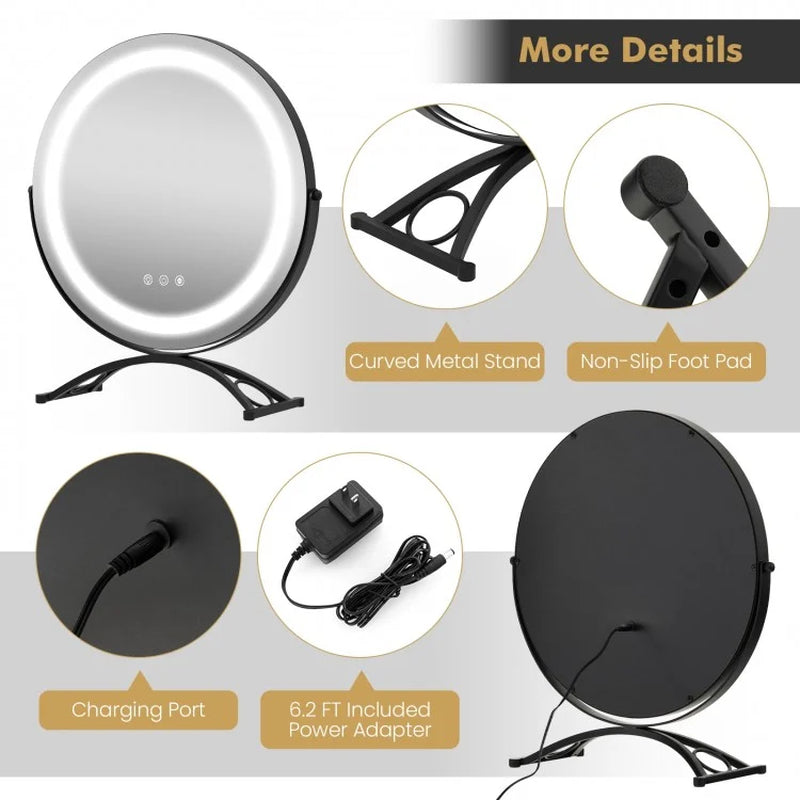 Round LED Vanity Mirror with Three Color Temperature Settings and Adjustable Brightness -16-Inch