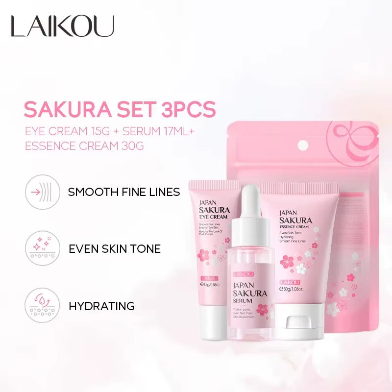 3Pcs/Set  Skin Care Set Vitamin C Sakura Snail Essence Serum & Eye Cream & Face Cream Moisturizer Travel Size Skincare Set