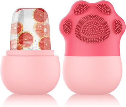 Silicone Ice Facial Roller - Contouring Tool for Eyes and Neck with Soft Cleaning Brush, Firming Massage Brush(Pink)