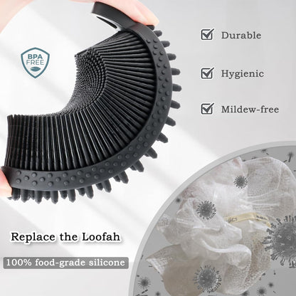 Dual-Sided Silicone Shower Body Wash Scrubber for Gentle Exfoliation and Cleansing, More Hygienic and Durable than Loofah, Black