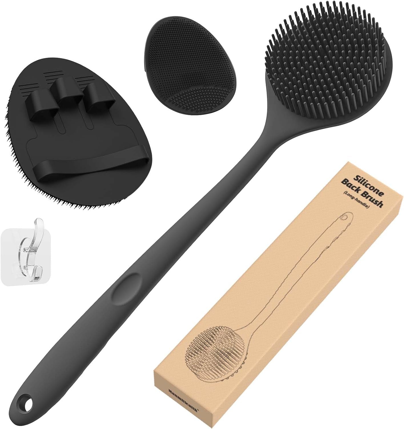 3-Piece Silicone Body Care Set: Thick Bristle Back Scrubber, Bath Glove, and Face Brush with Free Hook (Black)