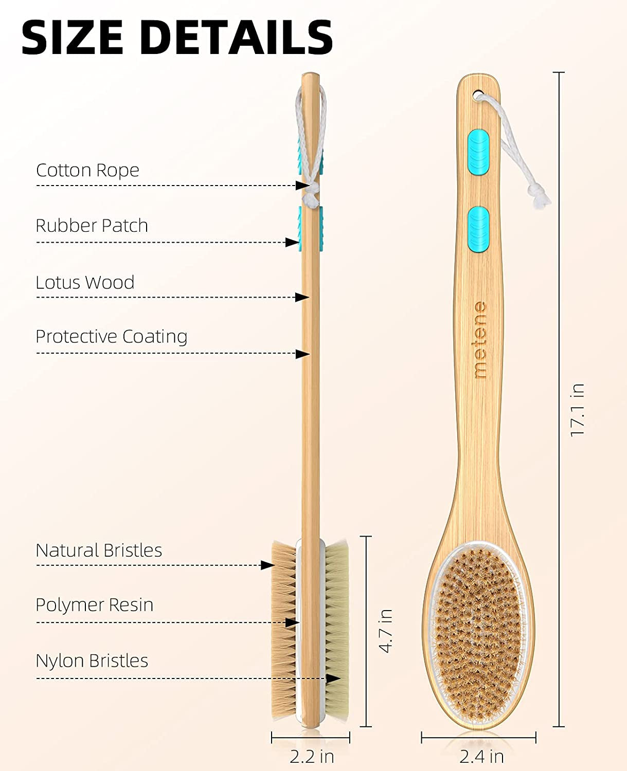 Dual-Sided Shower Brush with Soft and Stiff Bristles, Long Handle Back Scrubber and Body Exfoliator for Wet or Dry Use