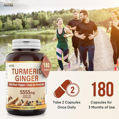 Turmeric Supplements for Inflammation with Black Pepper and Ginger - 180 Capsules | 5,555Mg Equiv. with 95% Turmeric Curcumin Supplements with Black Pepper | Joint Pain Relief | Made in Canada