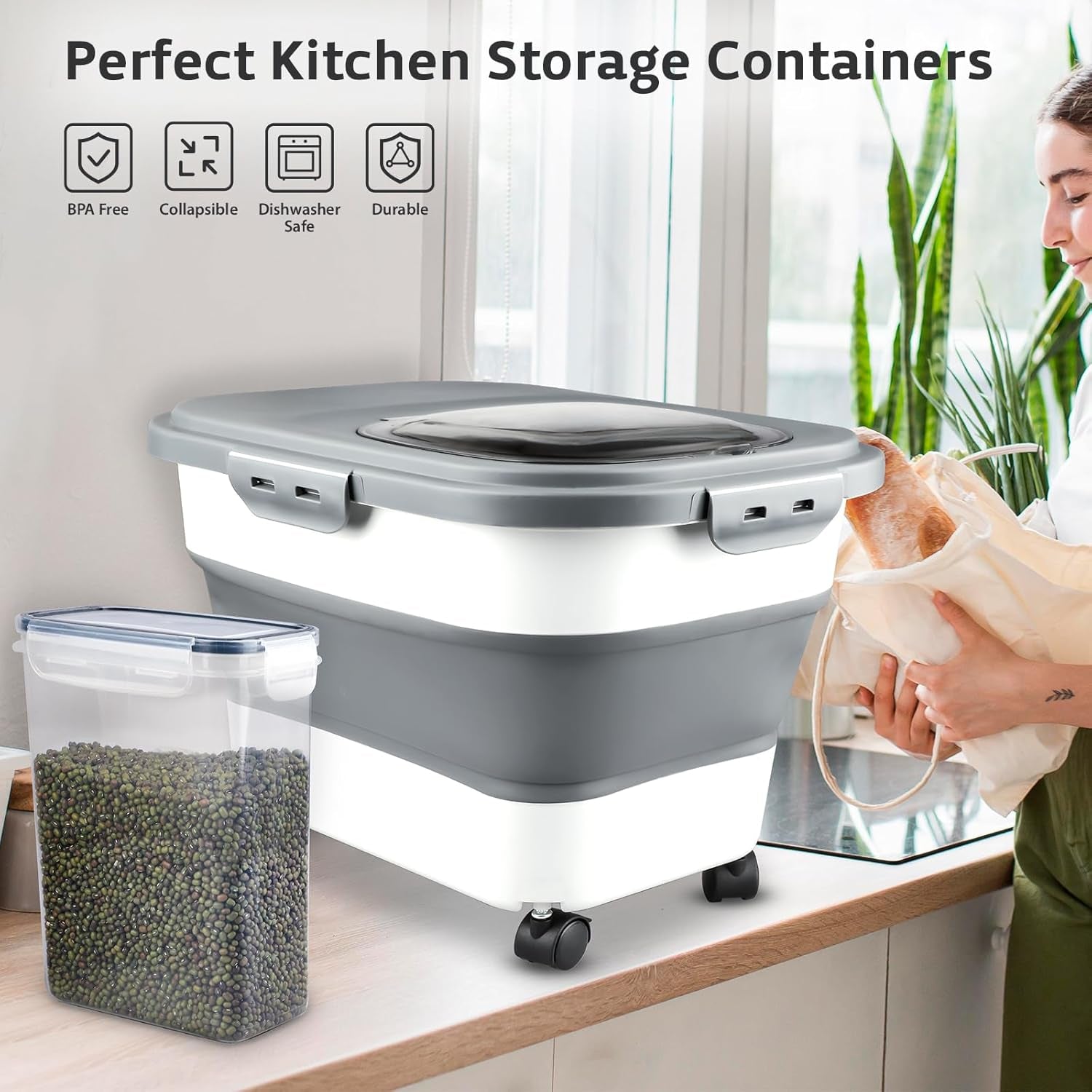 Rice Storage Containers, Collapsible 10 to 30Lbs Food Storage Bin Dispenser with Rolling Wheel and Clear Airtight Lid, BPA Free Flour, Sugar, Cereal and Dog Cat Pet Food Containers