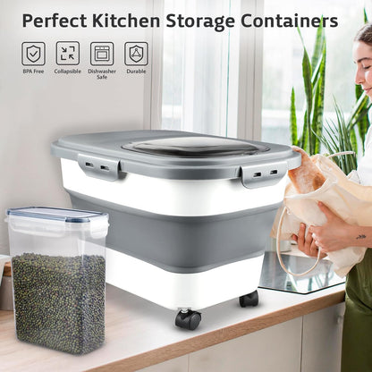 Rice Storage Containers, Collapsible 10 to 30Lbs Food Storage Bin Dispenser with Rolling Wheel and Clear Airtight Lid, BPA Free Flour, Sugar, Cereal and Dog Cat Pet Food Containers