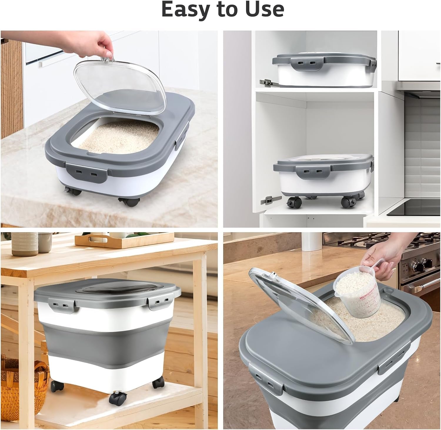 Rice Storage Containers, Collapsible 10 to 30Lbs Food Storage Bin Dispenser with Rolling Wheel and Clear Airtight Lid, BPA Free Flour, Sugar, Cereal and Dog Cat Pet Food Containers