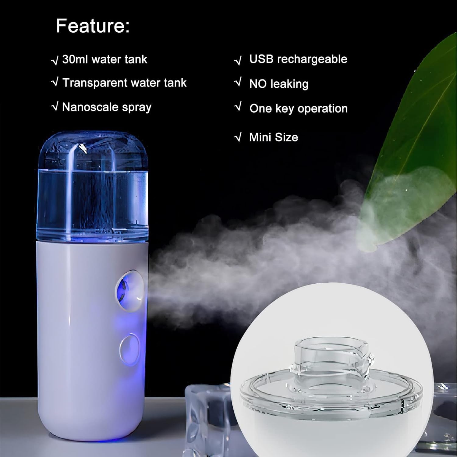 2Pack  Facial Mister, Portable Face Mister, Cool Nano Mist Sprayer for Face Hydrating, Mini Handy Mister for Eyelash Extensions with 1Oz Large Capacity Screwing Visual Water Tank Black/White