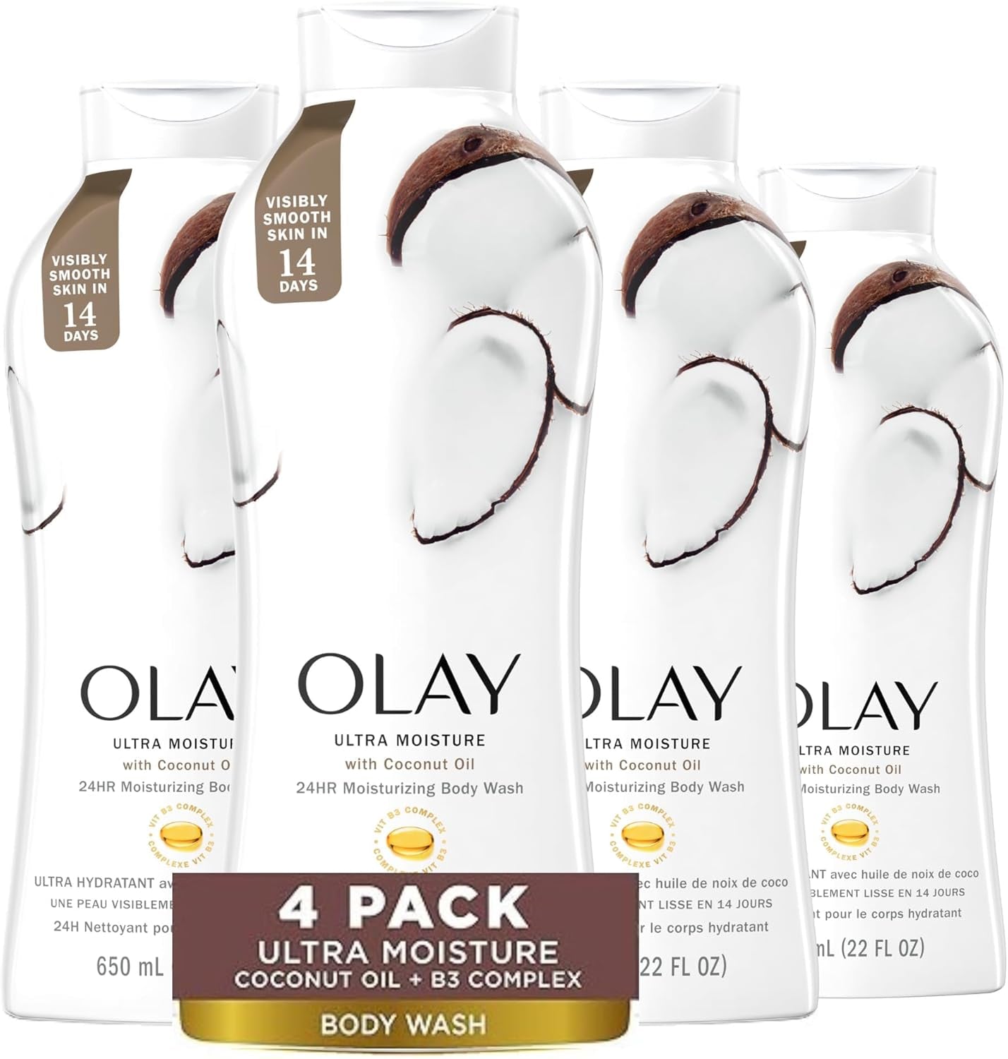 Ultra Moisture Coconut Oasis Body Wash, for Smooth and Healthy Looking Skin, Free from Parabens, 2.6 L Total (4 Count of 650 Ml Each)