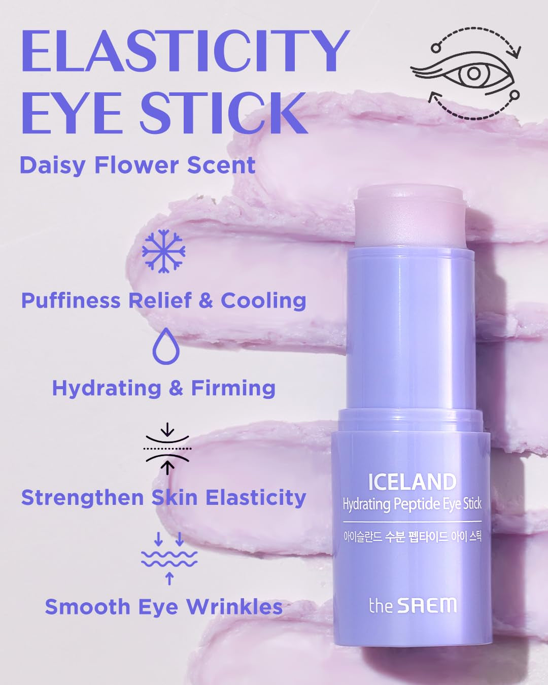 Iceland Hydrating Peptide Eye Stick 0.24Oz - Elasticity, Cooling, Moisturizing Eye Balm for Loose Skin – under Eye Treatment - Balm to Smooth Skin Texture - Daisy Flower Scent