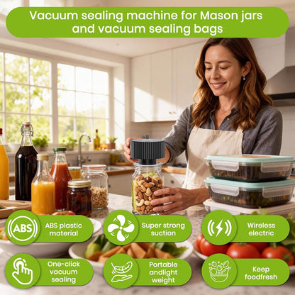2025 Upgrade 3-In-1 Electric Mason Jar Vacuum Sealer Kit，One-Touch Electric Sealing， for Wide-Mouth Regular-Mouth Mason Jars, Portable Vacuum Sealer for Jars, Gifts for Mom, Grandma (Black)