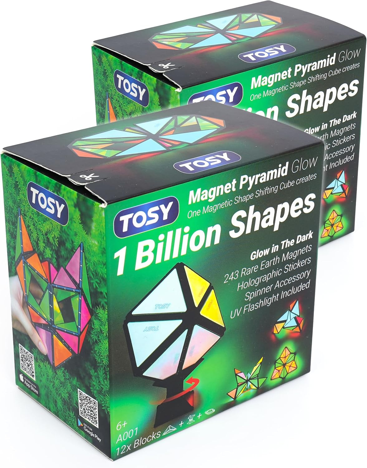 Magnet Pyramid Glow - 1 Cube Transforms into 1 Billion Shapes, 12 Pieces, 243 Rare Earth Magnets, Glowing, Christmas Stocking Stuffers Gift for Kids, Creative Puzzle STEM/STEAM Toy, 2-Pack