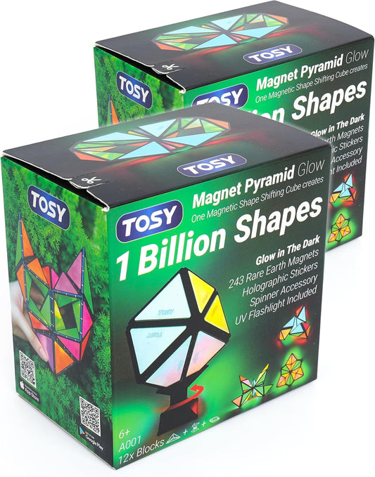 Magnet Pyramid Glow - 1 Cube Transforms into 1 Billion Shapes, 12 Pieces, 243 Rare Earth Magnets, Glowing, Christmas Stocking Stuffers Gift for Kids, Creative Puzzle STEM/STEAM Toy, 2-Pack