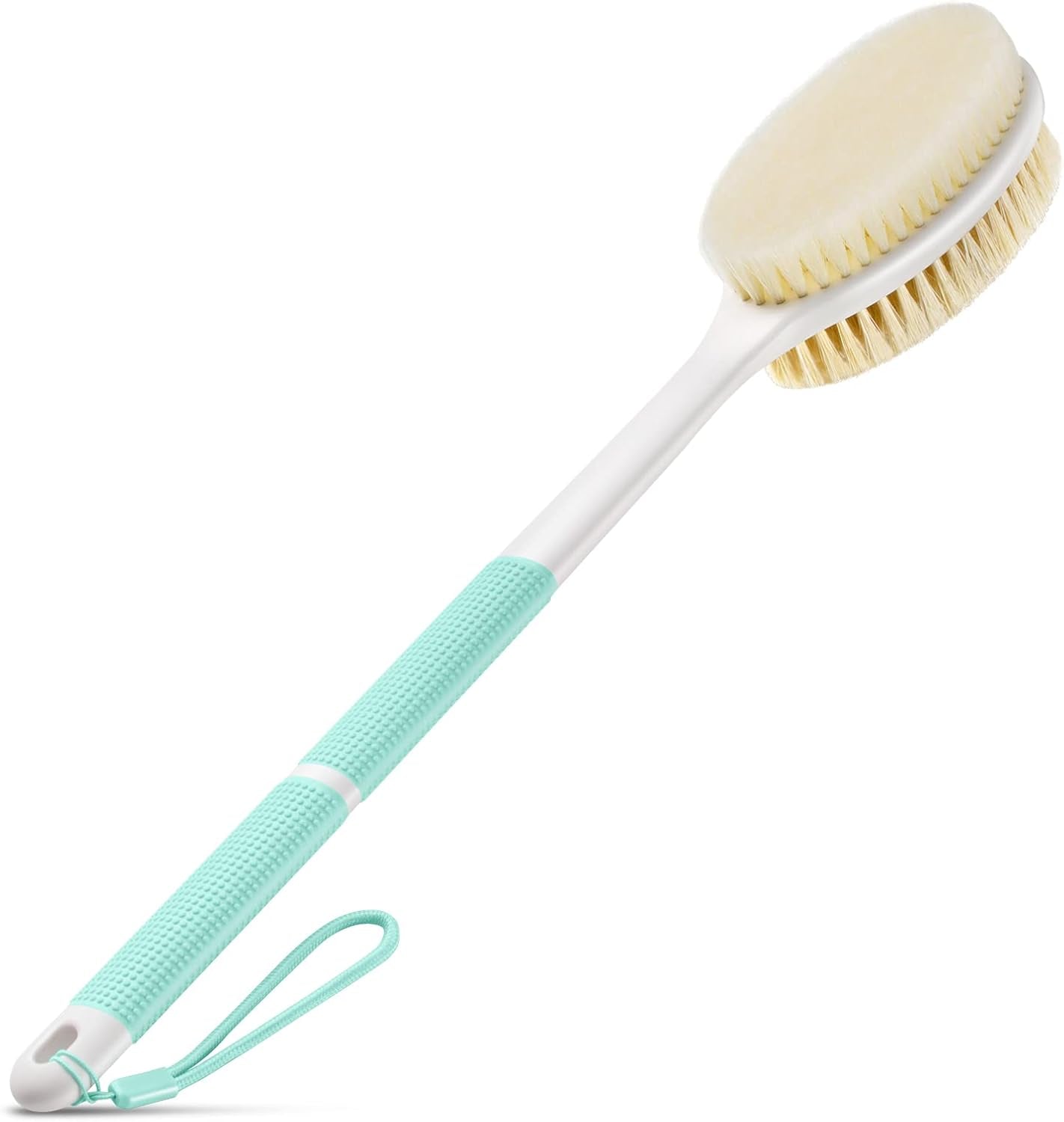 Anti-Slip Back Scrubber with Long Handle, Dual Bristle Shower Brush for Exfoliation and Dry Brushing (Blue)