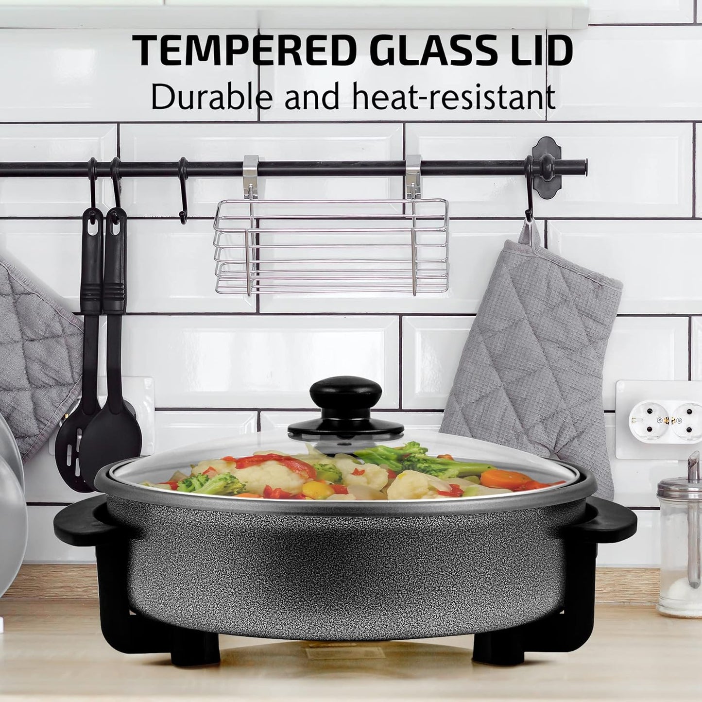 12 Inch Electric Skillet and Frying Pan with Nonstick Coating, 1400W Power, Adjustable Temperature Control, Tempered Glass Lid with Vent and Cool Touch Handles, Black SK11112B