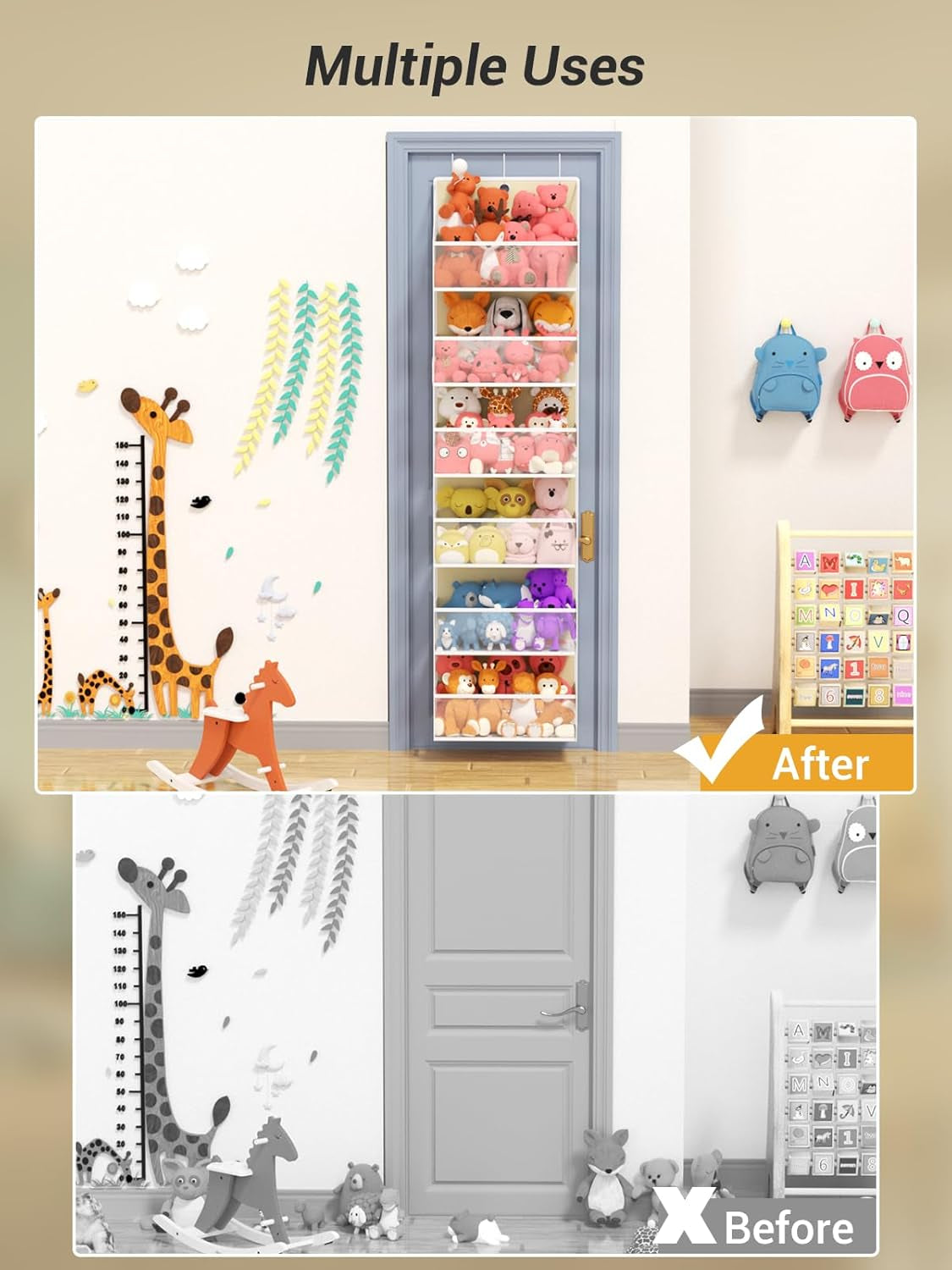 Over Door Hanging Organizer with 5 Shelves, Stuffed Animal Storage - behind Door Storage for Bedroom, Nursery, Dorm Room, 1 Pack, Beige