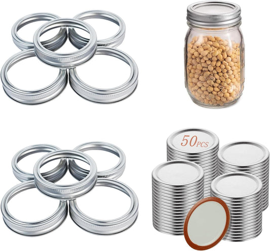 50 Pcs Mason Jar Lids and 10 Rings Set, 70MM Regular Mouth Canning Jars Lid with Silicone Seals, Pop Can Lids for Canning Supplies, Leakproof Split Type Mason Jar Lid, Ball Cans, Food Storage