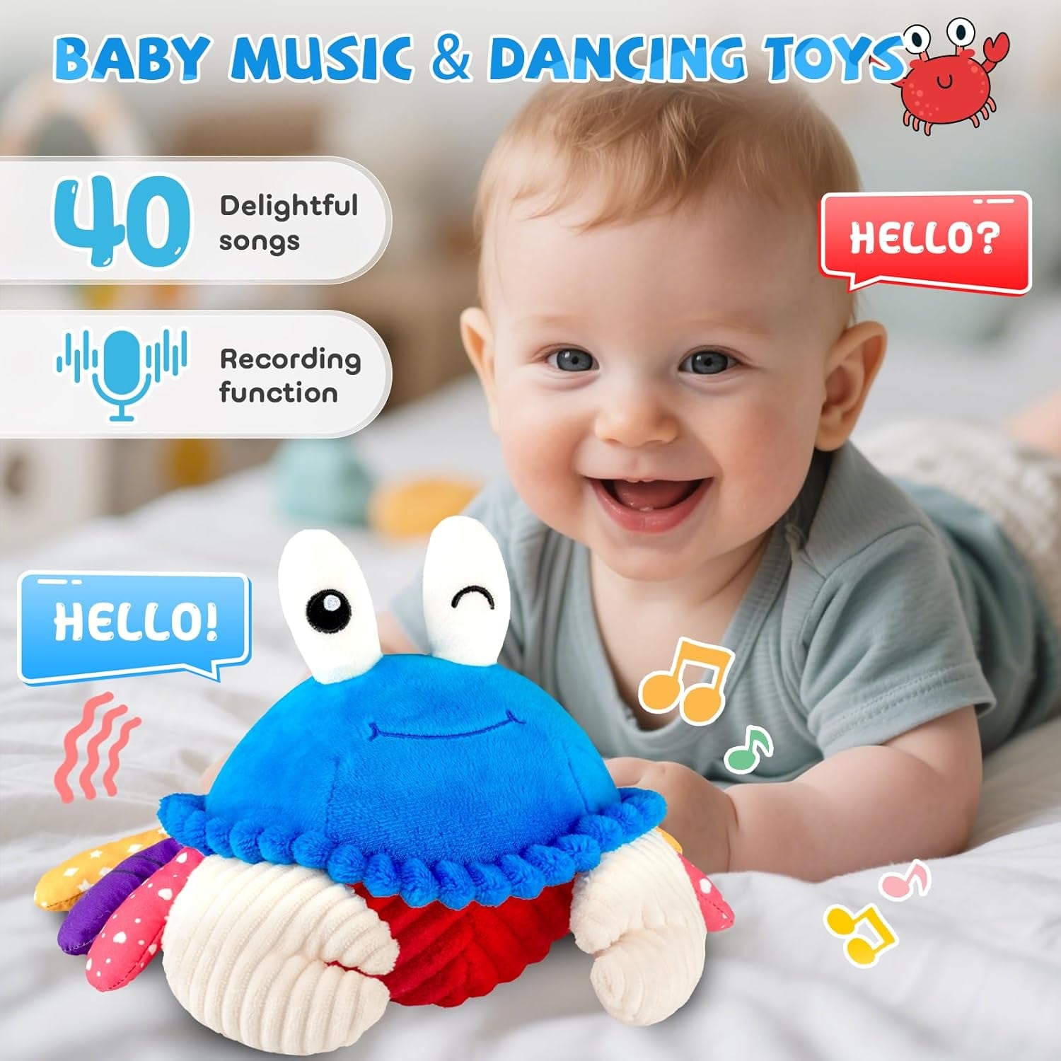 Baby Toys 6-12 Months, Musical Crawling Crab Plush Toy - 40 Songs & Recording Feature, Dancing Walking Moving Bouncing Tummy Time Toy, Sensory Toy for Toddlers 1-3, Birthday Gifts for Infants