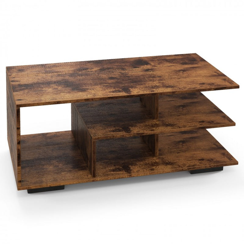 Rectangular Coffee Table Featuring L-Shaped Center Shelf