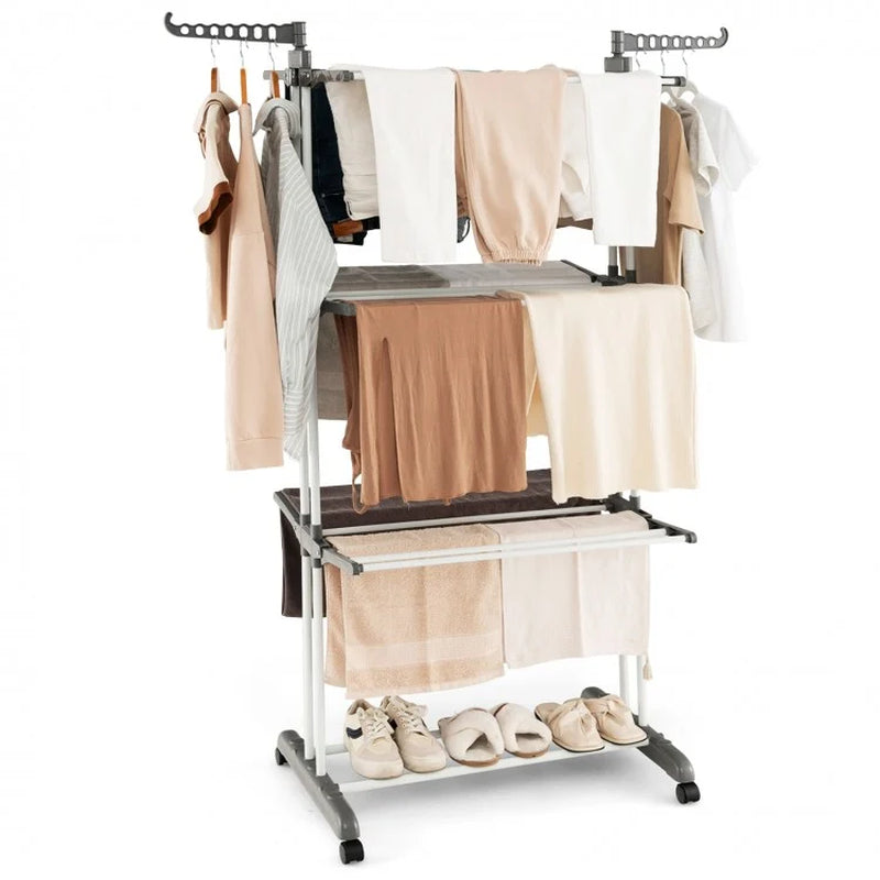 4-Tier Adjustable Clothes Drying Rack with Rotatable Side Wings and Collapsible Shelves