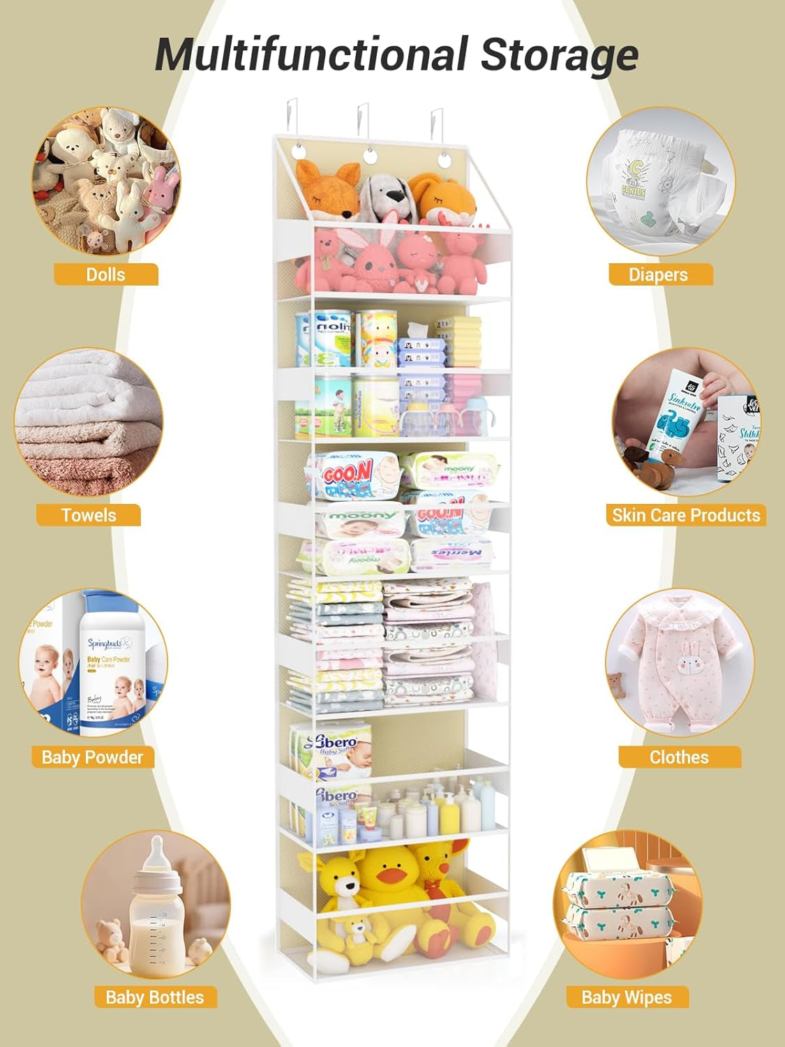 Over Door Hanging Organizer with 5 Shelves, Stuffed Animal Storage - behind Door Storage for Bedroom, Nursery, Dorm Room, 1 Pack, Beige