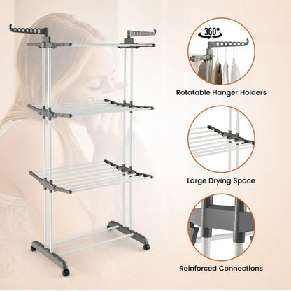 4-Tier Adjustable Clothes Drying Rack with Rotatable Side Wings and Collapsible Shelves
