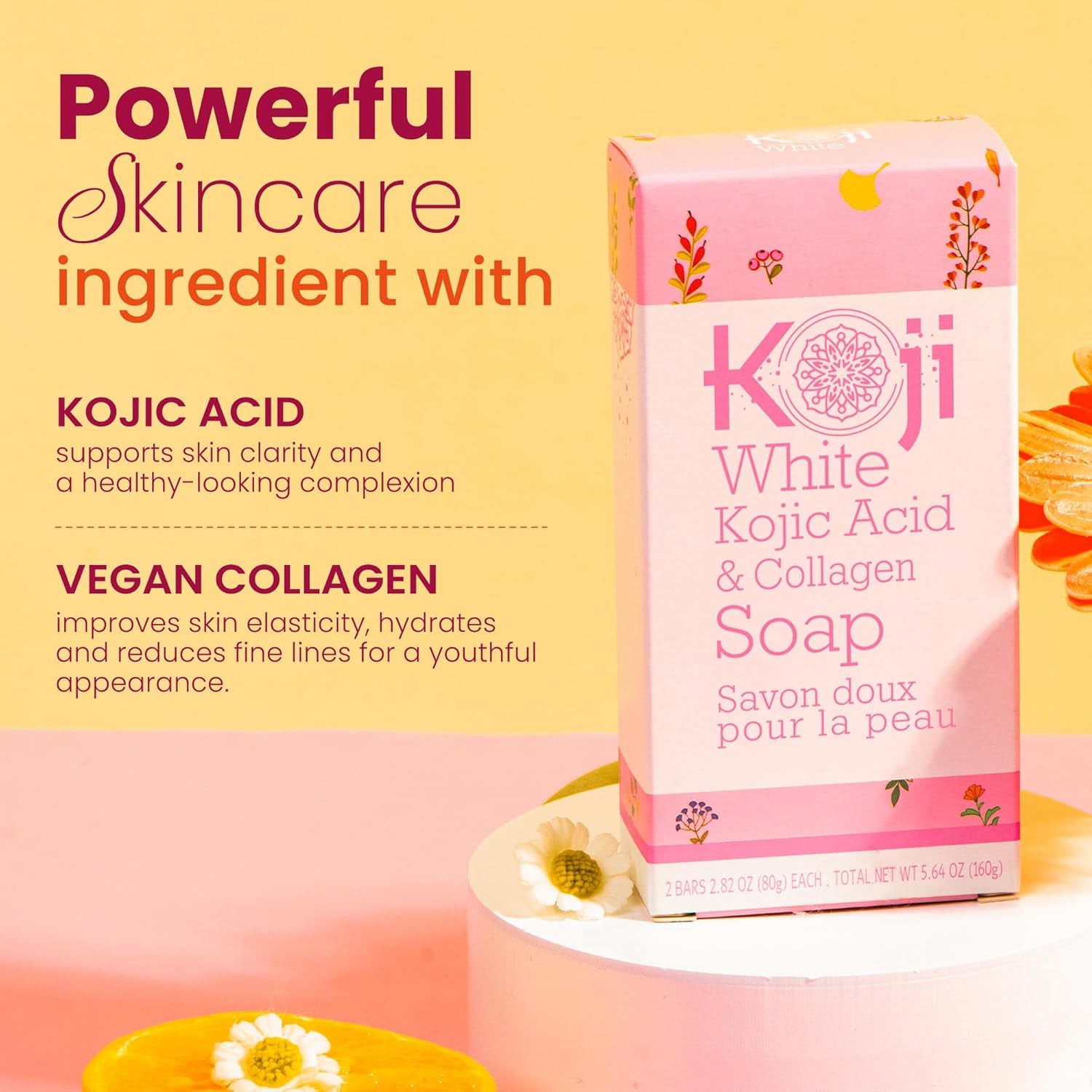 Kojic Acid & Collagen Soap, Cleansing Bar for Face and Body, Vegan Soap, 80G (2 Bars)