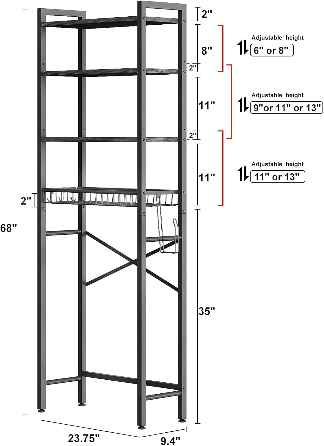 Over-The-Toilet Storage Rack, 4-Tier Bathroom Organizer Shelf over Toilet with Adjustable Shelf and Basket, Freestanding Space Saver Bathroom Shelves above Toilet for Room(Pure Black)