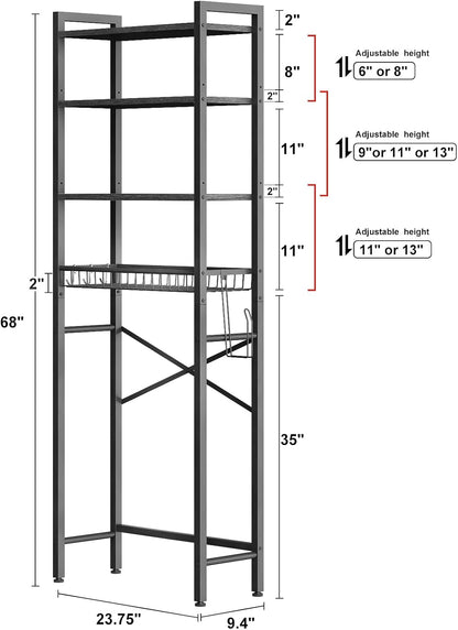 Over-The-Toilet Storage Rack, 4-Tier Bathroom Organizer Shelf over Toilet with Adjustable Shelf and Basket, Freestanding Space Saver Bathroom Shelves above Toilet for Room(Pure Black)