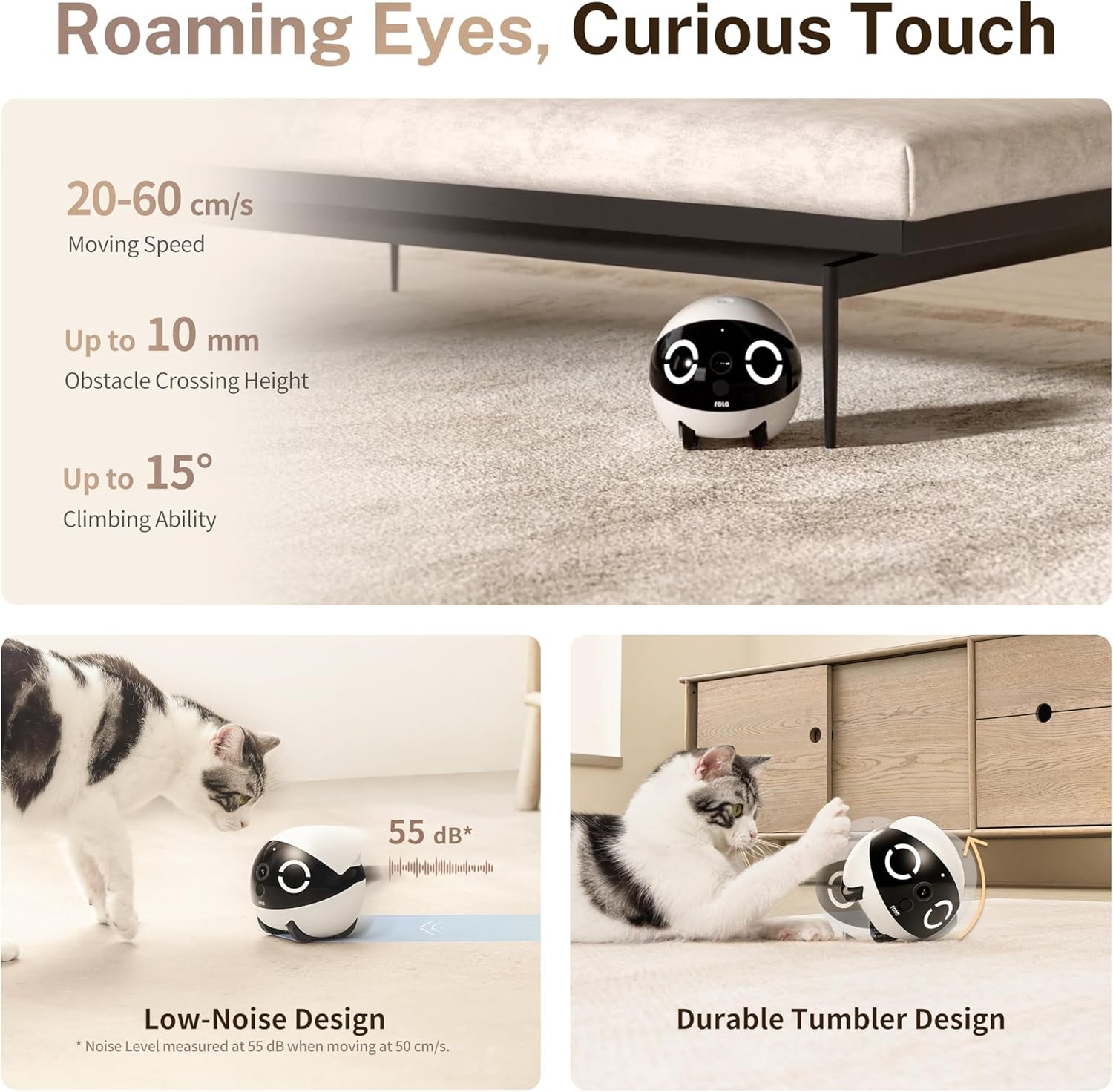 ROLA Mini 2K Pet Camera Robot: Movable Indoor Camera Battery-Powered with Phone App, One-Touch Call, 2-Way Talk, IR Night Vision, Motion Detection, Video Recording