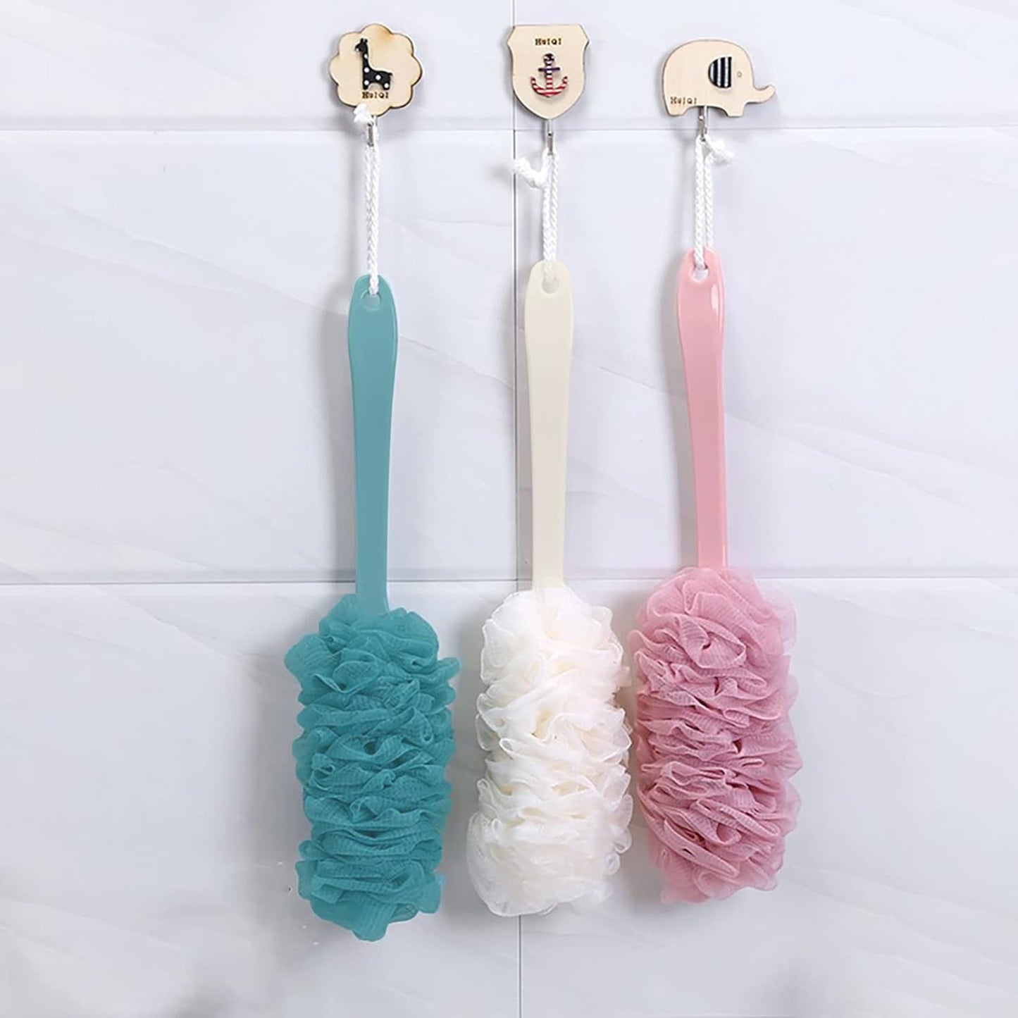3-Piece Long Handle Back Brush Set for Shower - Soft Mesh Loofah Exfoliating Body Scrubber with Lanyard for Men and Women (Blue, Pink, White)