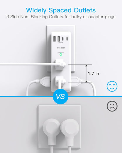 Surge Protector Outlet Extender - with Rotating Plug, 6 AC Multi Plug Outlet with 4 USB Ports (2 USB C), 1800 Joules, 3-Sided Swivel Power Bar with Spaced Splitter for Home, Office, Travel