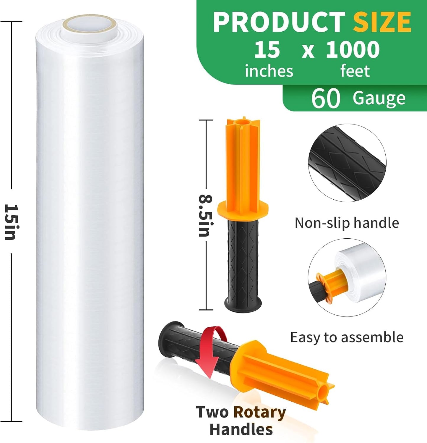 Stretch Film,  Stretch Wrap with Handles Industrial Strength, Moving Wrapping Plastic Roll, Shrink Wrap for Pallet Wrap, 15" X 1000 Feet, 1 Pack, 60 Gauge