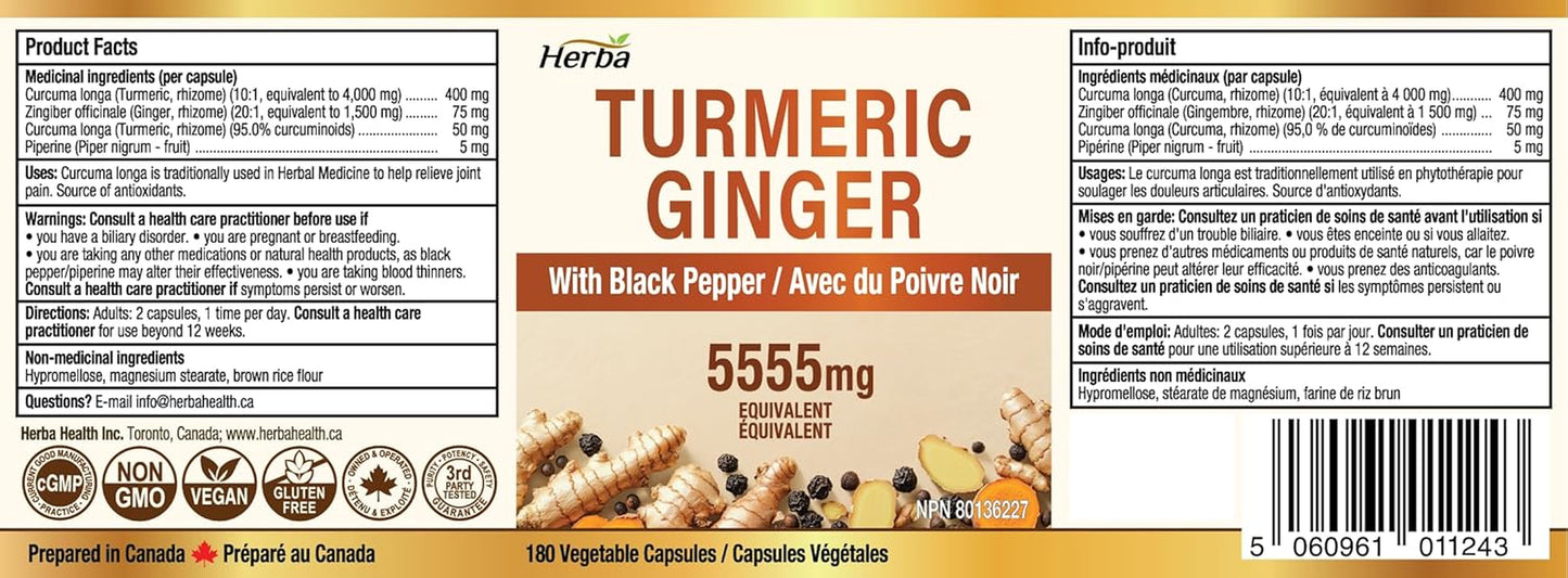 Turmeric Supplements for Inflammation with Black Pepper and Ginger - 180 Capsules | 5,555Mg Equiv. with 95% Turmeric Curcumin Supplements with Black Pepper | Joint Pain Relief | Made in Canada