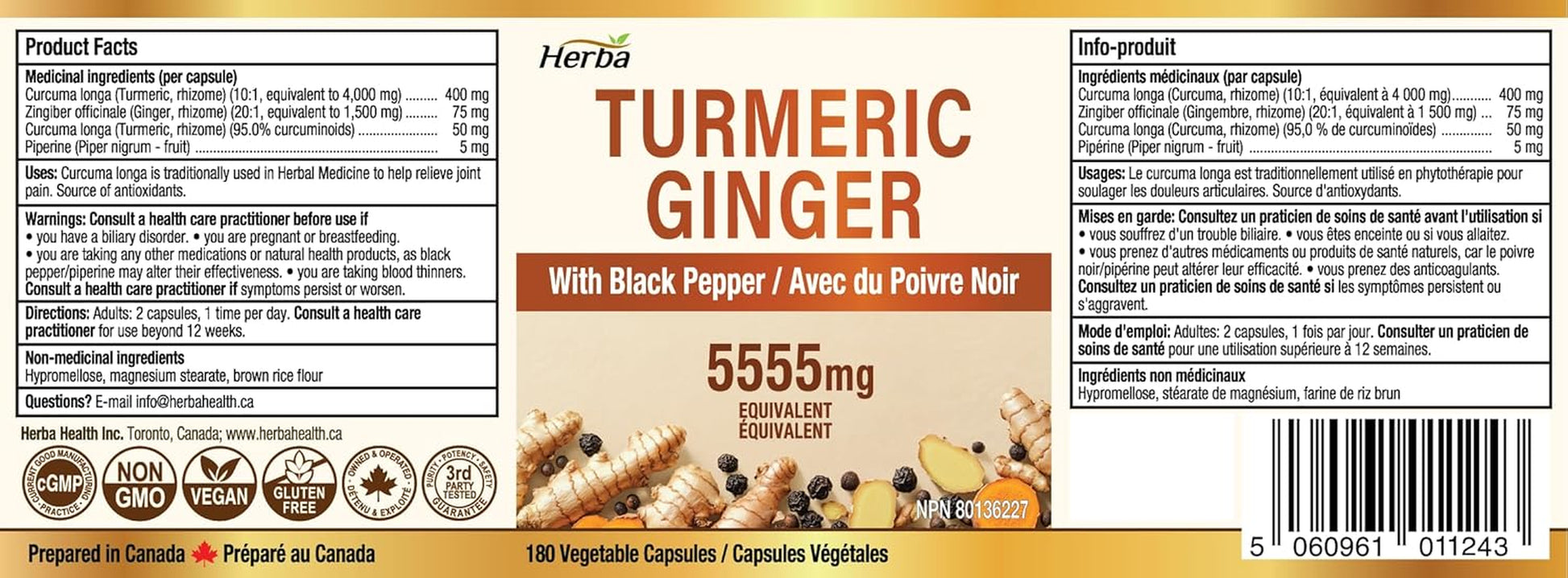 Turmeric Supplements for Inflammation with Black Pepper and Ginger - 180 Capsules | 5,555Mg Equiv. with 95% Turmeric Curcumin Supplements with Black Pepper | Joint Pain Relief | Made in Canada