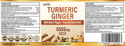 Turmeric Supplements for Inflammation with Black Pepper and Ginger - 180 Capsules | 5,555Mg Equiv. with 95% Turmeric Curcumin Supplements with Black Pepper | Joint Pain Relief | Made in Canada