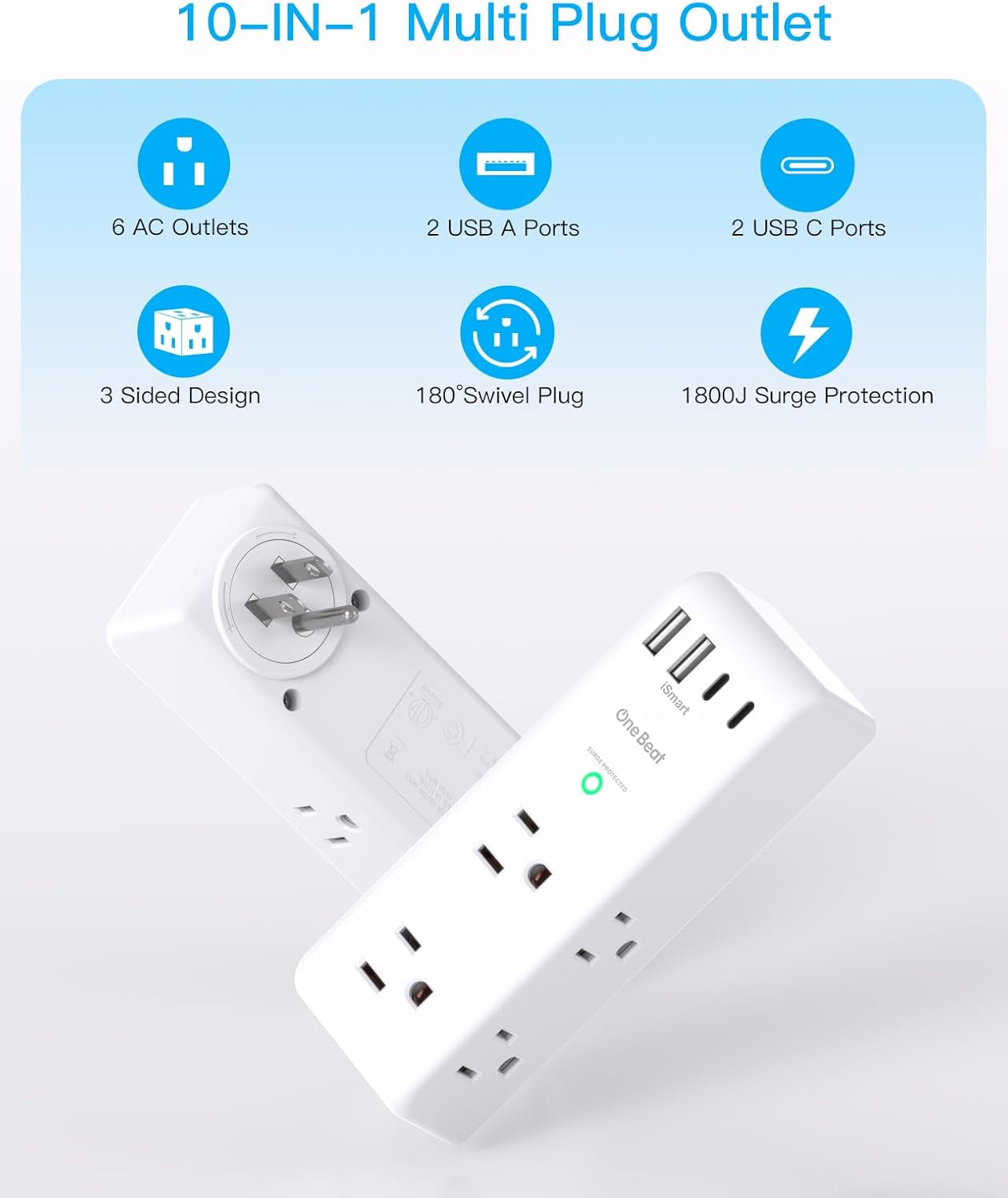 Surge Protector Outlet Extender - with Rotating Plug, 6 AC Multi Plug Outlet with 4 USB Ports (2 USB C), 1800 Joules, 3-Sided Swivel Power Bar with Spaced Splitter for Home, Office, Travel