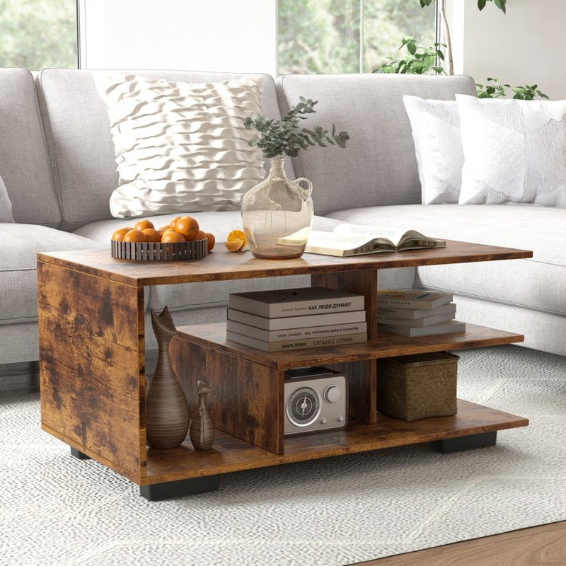 Rectangular Coffee Table Featuring L-Shaped Center Shelf