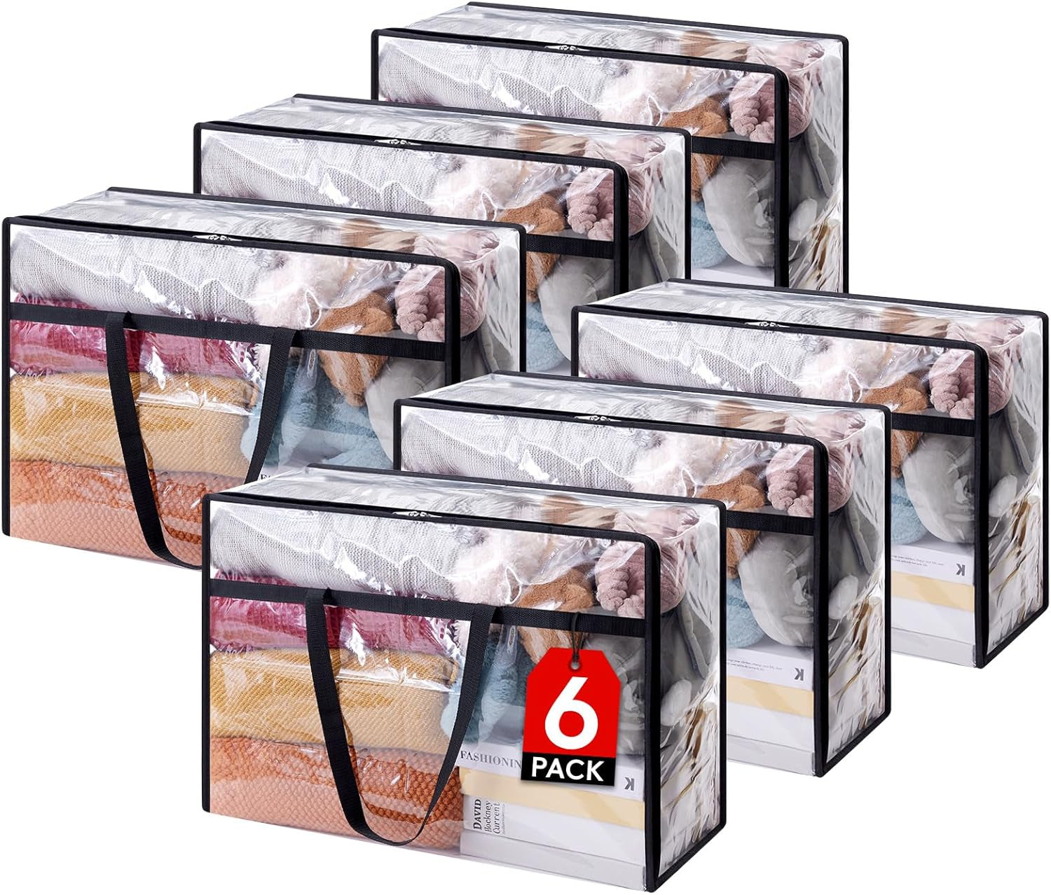 6 Pack Clear Clothes Storage Bags, 60L Plastic Blanket Storage Bags, Vinyl Foldable Moving Bags with Zipper, Closet Organizers and Storage Containers for Bedding, Duvet, Comforter