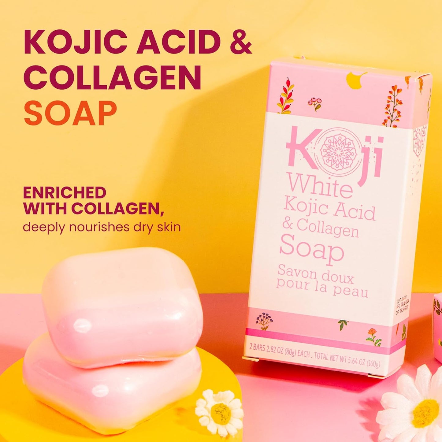 Kojic Acid & Collagen Soap, Cleansing Bar for Face and Body, Vegan Soap, 80G (2 Bars)