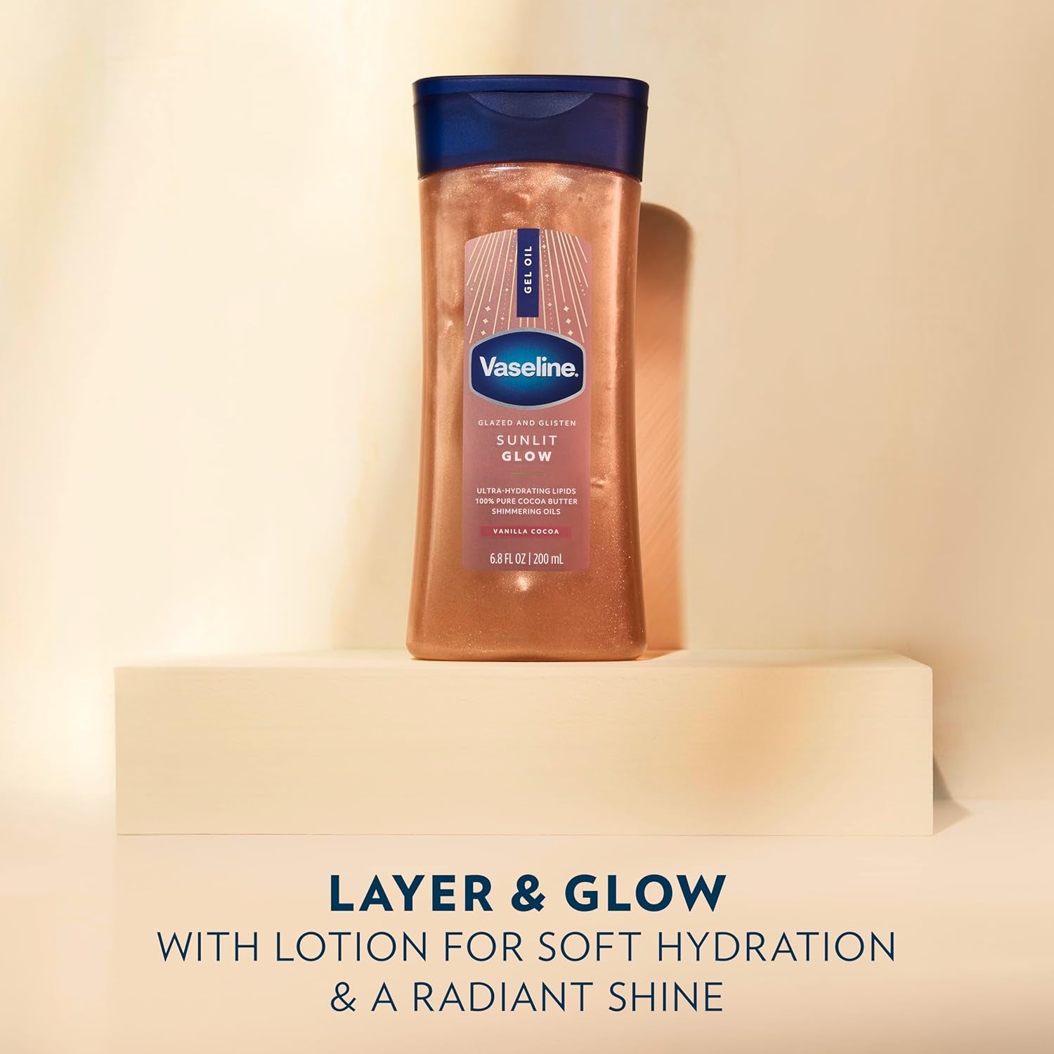 Glazed and Glisten Sunlit Glow Body Gel Oil Vanilla Cocoa Shimmering with Ultra-Hydrating Lipids and 100% Pure Cocoa Butter, 6.8 Oz