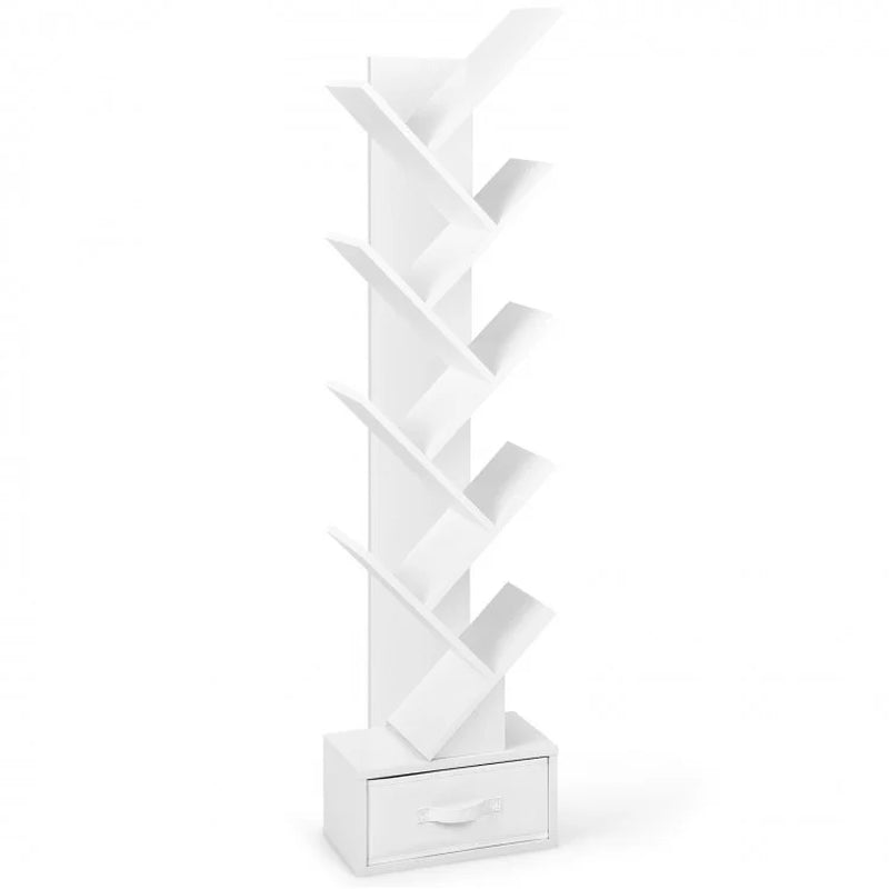 10-Tier Tree Bookshelf with Drawer Free-Standing Storage Bookcase