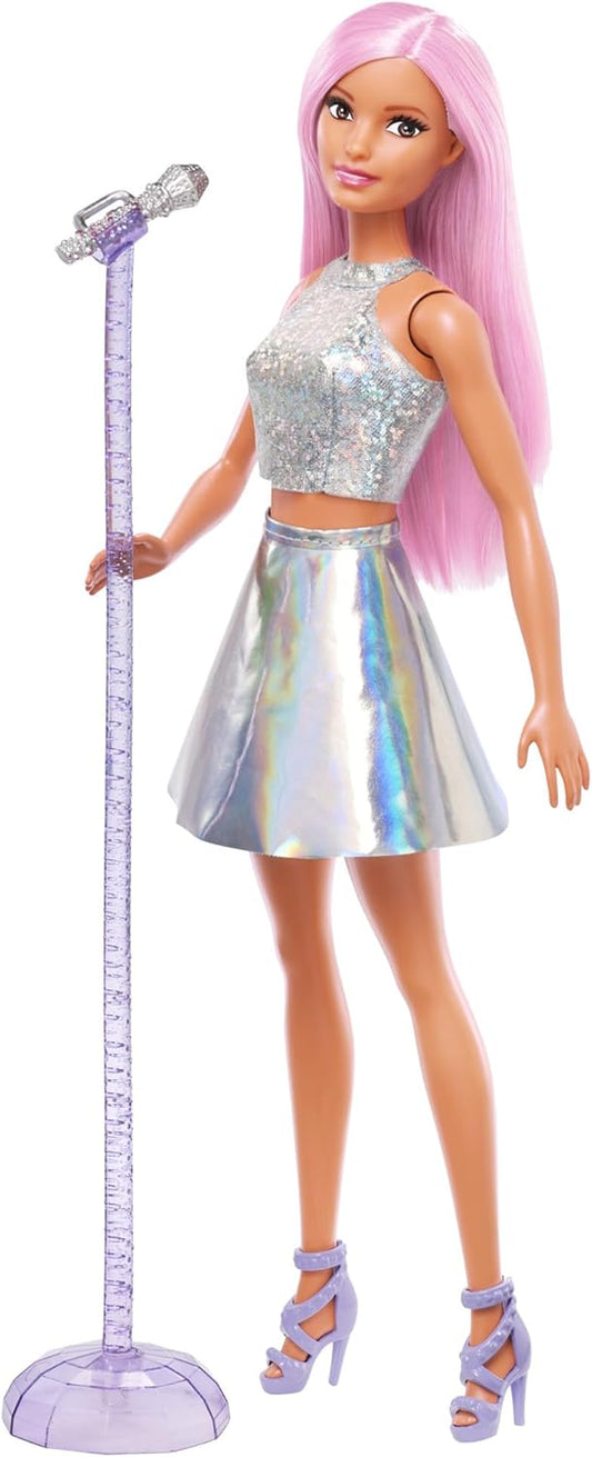 Pop Star Doll Dressed in Iridescent Skirt with Microphone and Pink Hair, Toy for 3 to 7 Year Olds