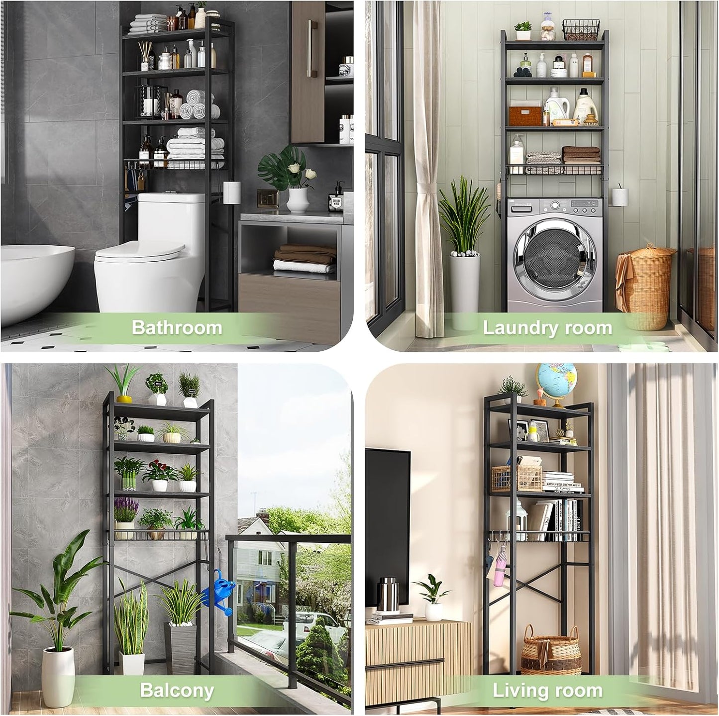 Over-The-Toilet Storage Rack, 4-Tier Bathroom Organizer Shelf over Toilet with Adjustable Shelf and Basket, Freestanding Space Saver Bathroom Shelves above Toilet for Room(Pure Black)