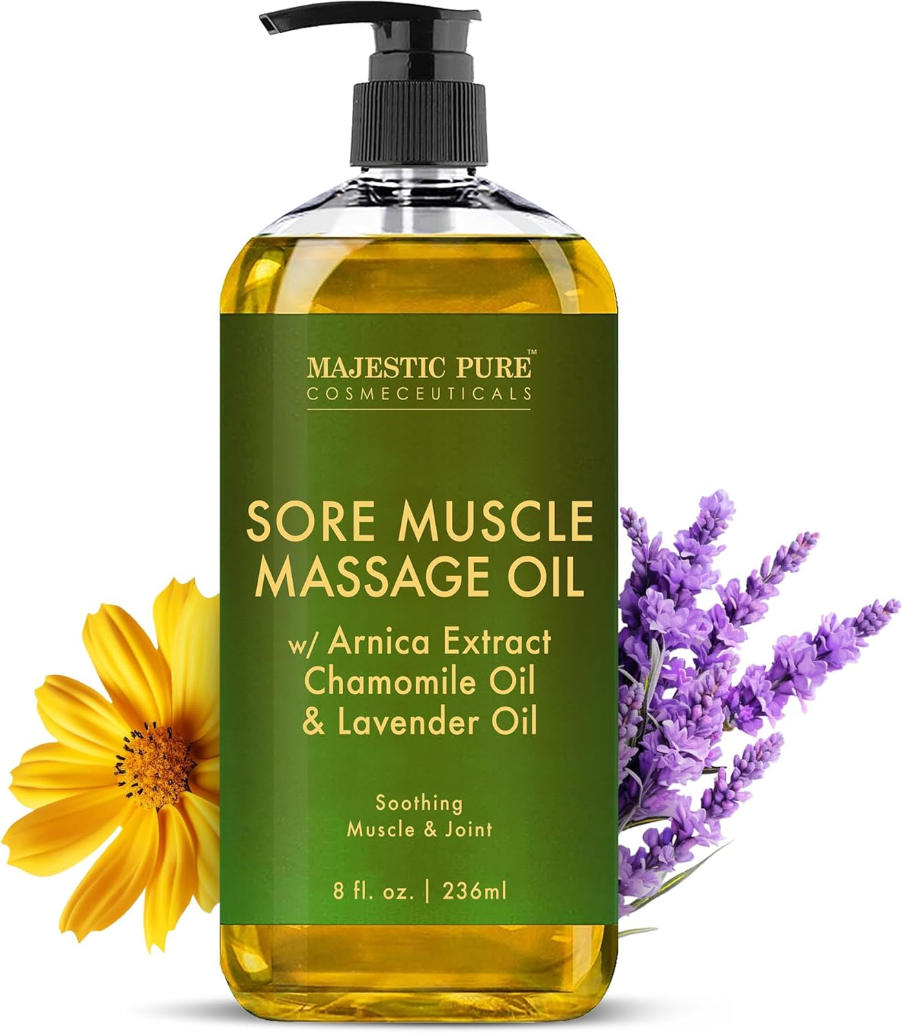 Arnica Sore Muscle Massage Oil - Natural Lavender and Chamomile Essential Oils for Therapeutic Use - Fast Absorbing Full Body Massage Oil - 8 Fl. Oz