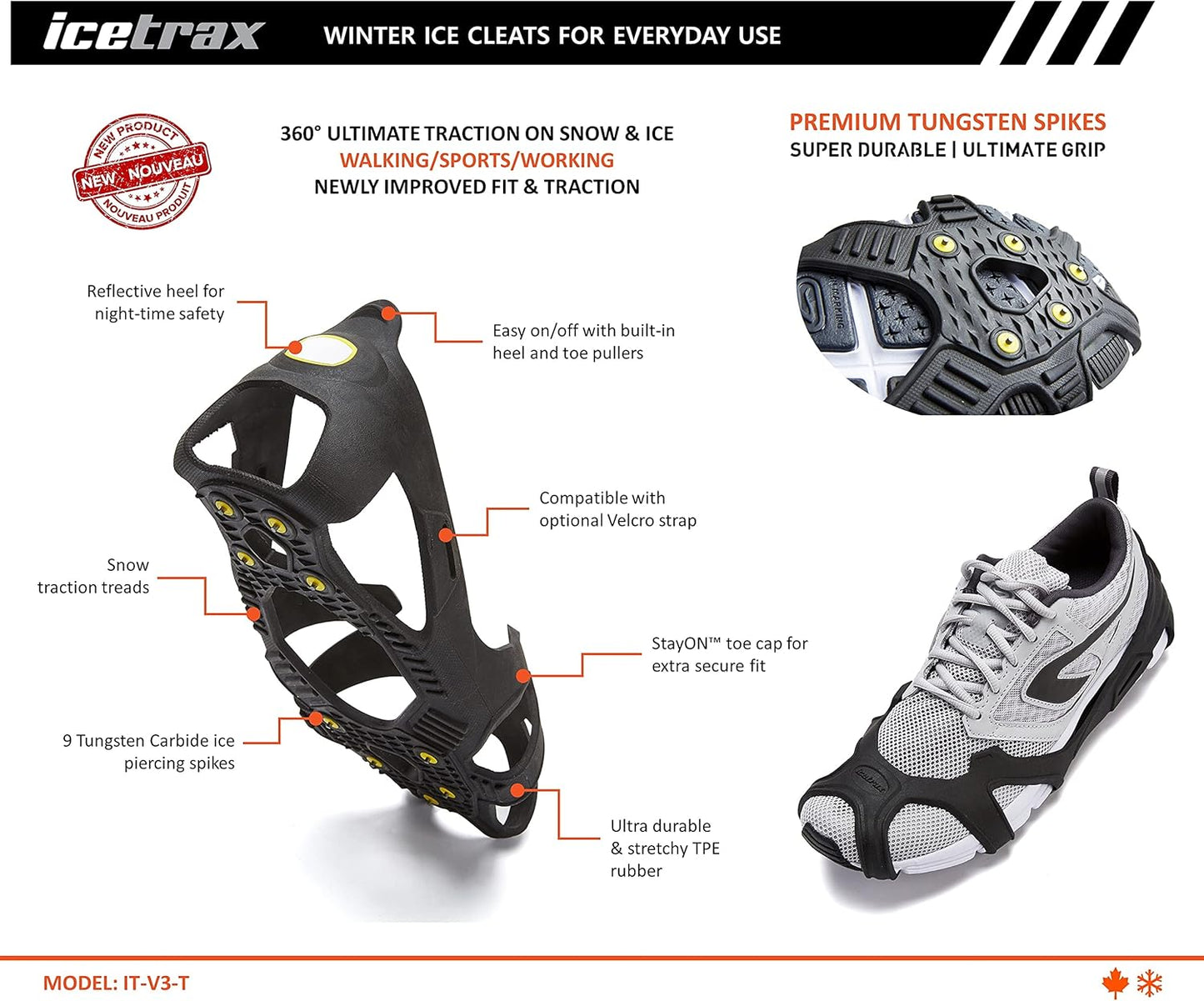 V3 Tungsten Winter Ice Grips for Shoes and Boots - Ice Cleats for Snow and Ice, Stayon Toe, Reflective Heel